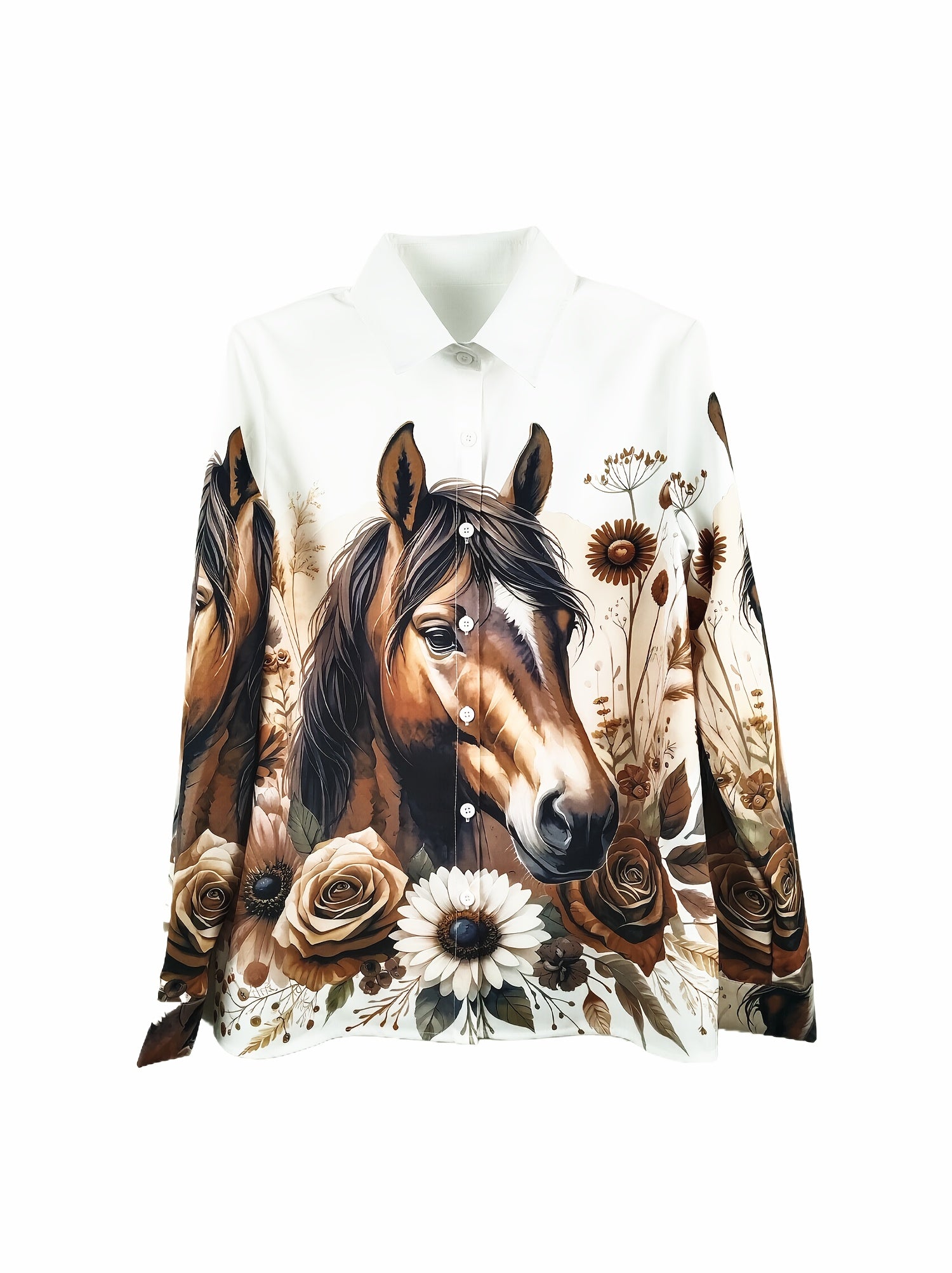 [Polyester Horse Print Blouse] 100% Polyester Women's Horse Print Blouse | Long Sleeve, Machine Washable, Casual Elegance with Floral Design, Button-Up Front, All-Season Wear