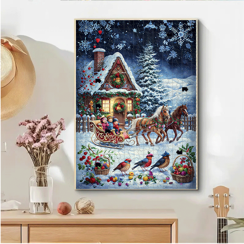 500/1000pcs Winter Village Jigsaw Puzzle for Adults & Families - Large-Scale Snowy Cottage, Sleigh & Horse-Drawn Carriage with 1000pcs (500 Optional) - Challenging Brain Teaser, Christmas/Birthday Gift, DIY Home Decor Puzzle