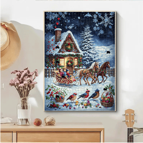 500/1000pcs Winter Village Jigsaw Puzzle for Adults & Families - Large-Scale Snowy Cottage, Sleigh & Horse-Drawn Carriage with 1000pcs (500 Optional) - Challenging Brain Teaser, Christmas/Birthday Gift, DIY Home Decor Puzzle