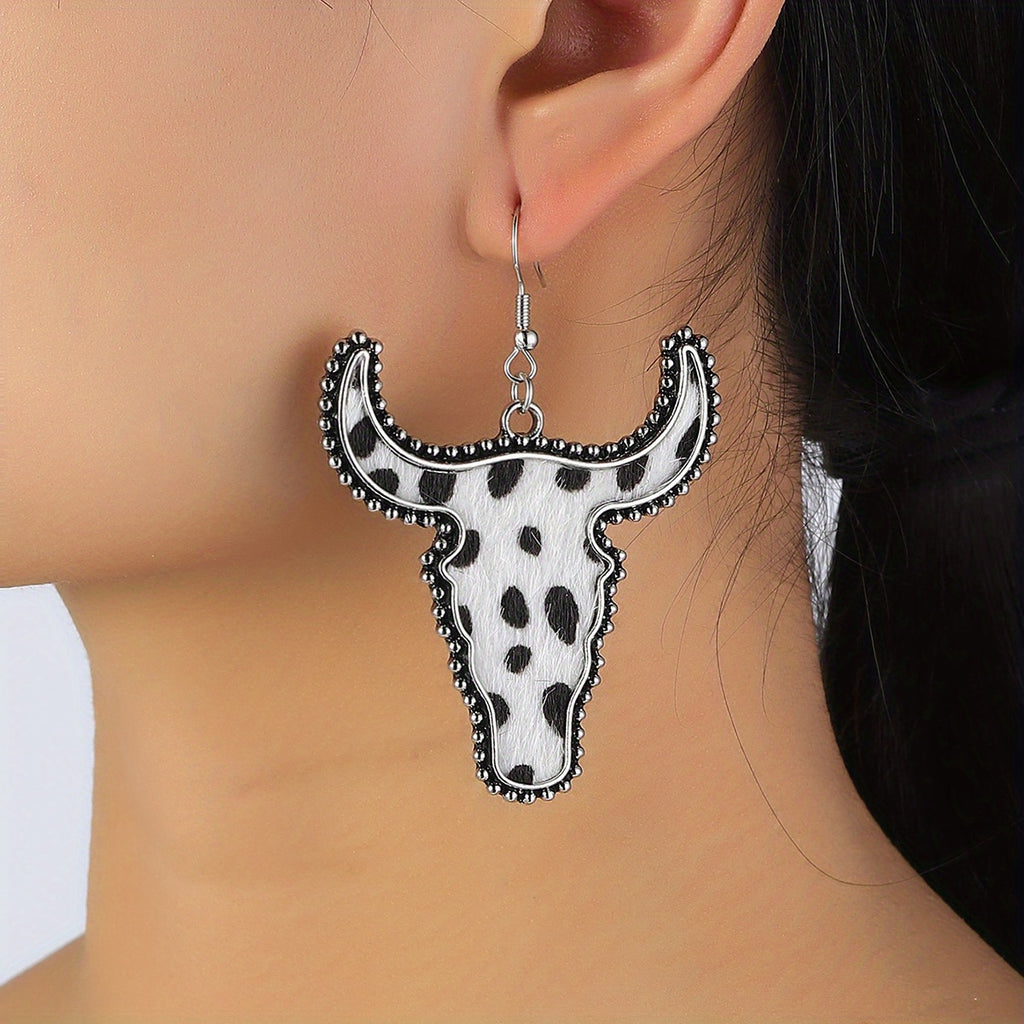 Flocking Cow/ Leopard Pattern Bull Head Design Dangle Earrings Retro Ethnic Style Western Holiday Earrings