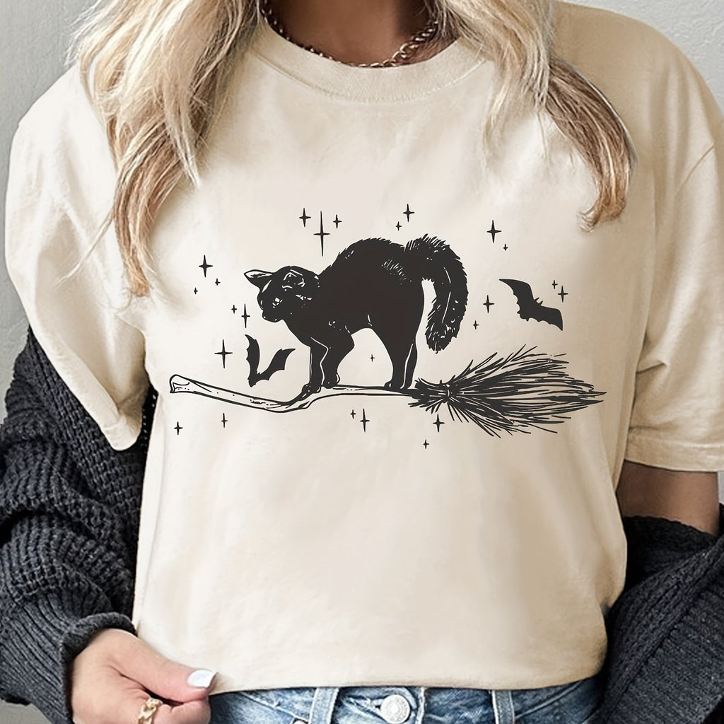 Women's Comfy Cotton Halloween Tee - Vintage Black Cat & Letter Design, Casual Round Neck T-Shirt, Machine Washable