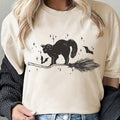 Women's Comfy Cotton Halloween Tee - Vintage Black Cat & Letter Design, Casual Round Neck T-Shirt, Machine Washable