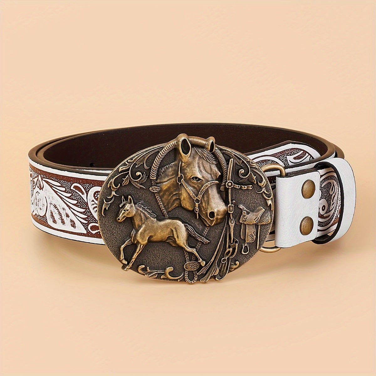 Western Horse Carved Buckle Belts Vintage Embossed Solid Color PU Waistband Classic Cowboy Cowgirl Jeans Pants Belt For Women & Men
