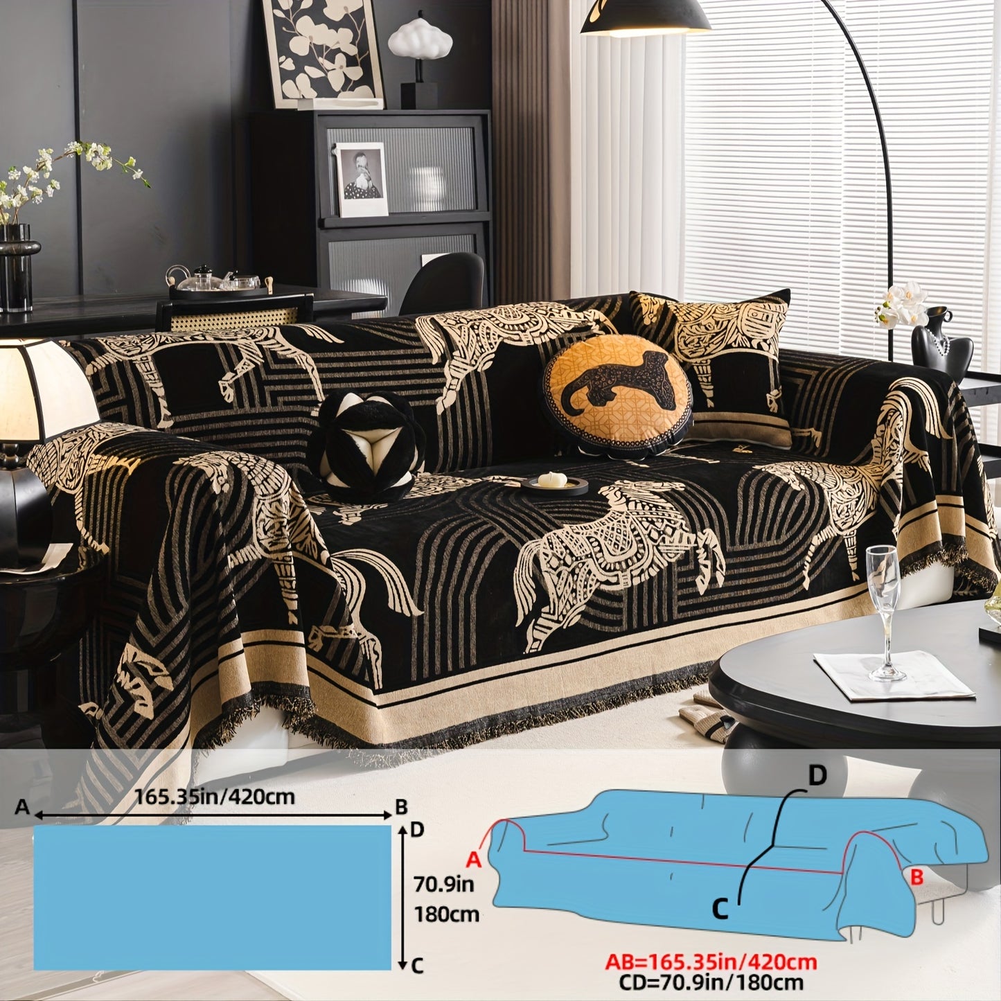 Luxurious Chenille Sofa Cover with Horse Design - Dual-Tone, Pet-Friendly & Machine Washable for Armchairs to L-Shaped Couches - Modern Home Decor Gift