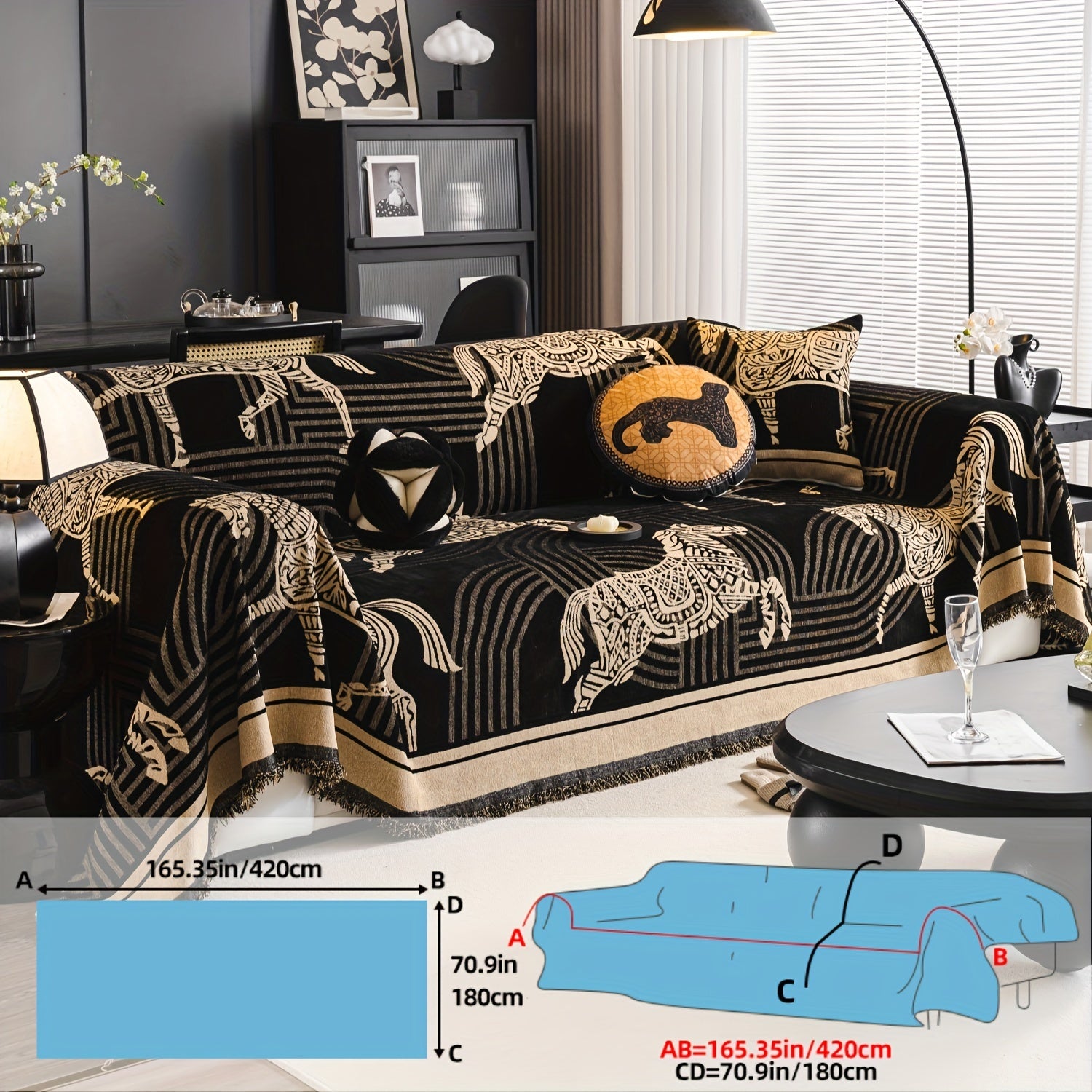 Luxurious Chenille Sofa Cover with Horse Design - Dual-Tone, Pet-Friendly & Machine Washable for Armchairs to L-Shaped Couches - Modern Home Decor Gift