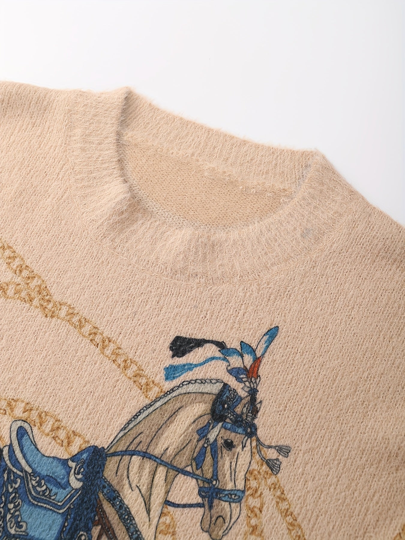 Vintage Animal Horse Patchwork Ribbon Pattern Pullover, Casual Round Neck Long Sleeve Top, Women'S Clothing.