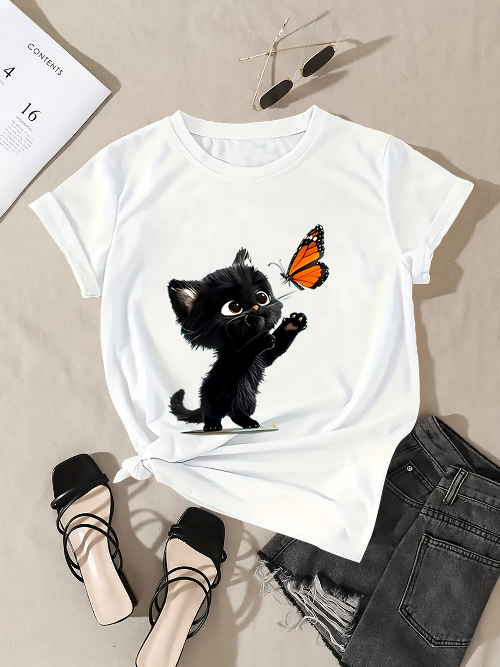 Soft Breathable 1pc Women's Casual Crew Neck T-Shirt - Black Cat and Butterfly Print, Short Sleeve, Machine Washable, Easy Care, Loose Fit, Chic Style, Spring/Summer Collection