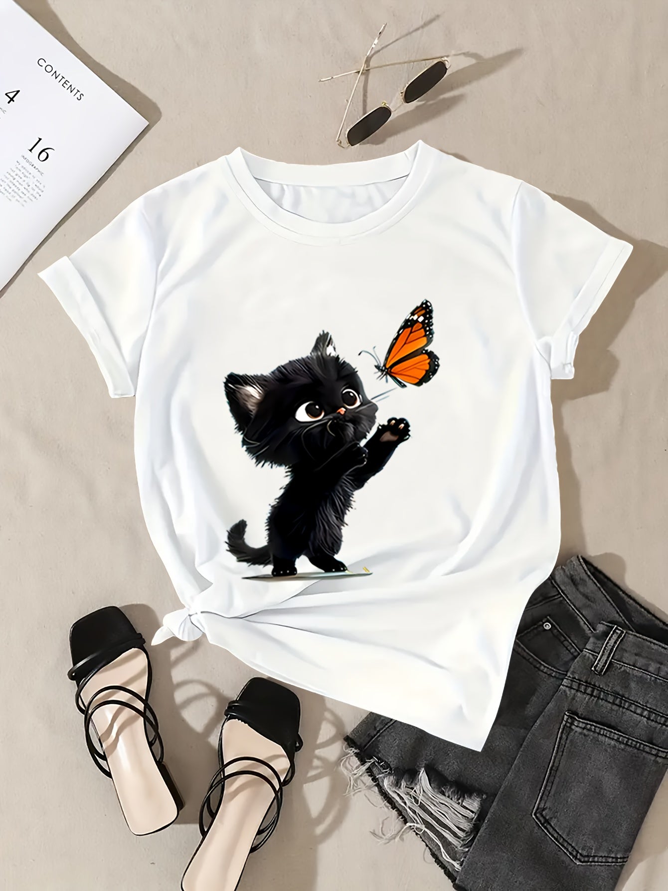 Soft Breathable 1pc Women's Casual Crew Neck T-Shirt - Black Cat and Butterfly Print, Short Sleeve, Machine Washable, Easy Care, Loose Fit, Chic Style, Spring/Summer Collection