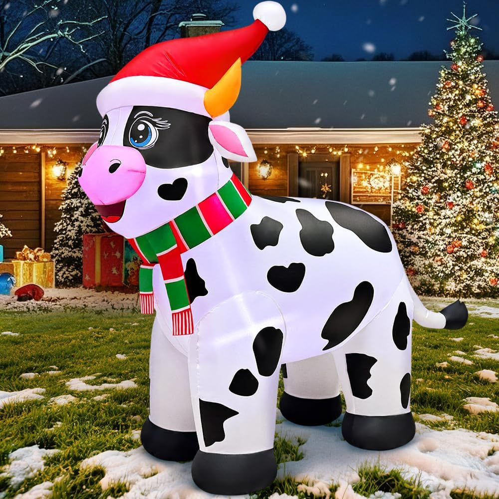 5.6FT Inflatable Cow Farm Animals for Christmas Outdoor Decorations with Built-in LED Lights - Festive Yard Decor for Holiday Parties and Indoor Garden Use