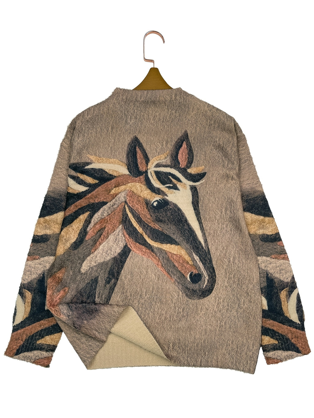 [All-Over Print] [Thick] [Sweater] All-Over Print Horse Pattern Thick, Casual Crew Neck Long Sleeve Sweater, Women's Clothing