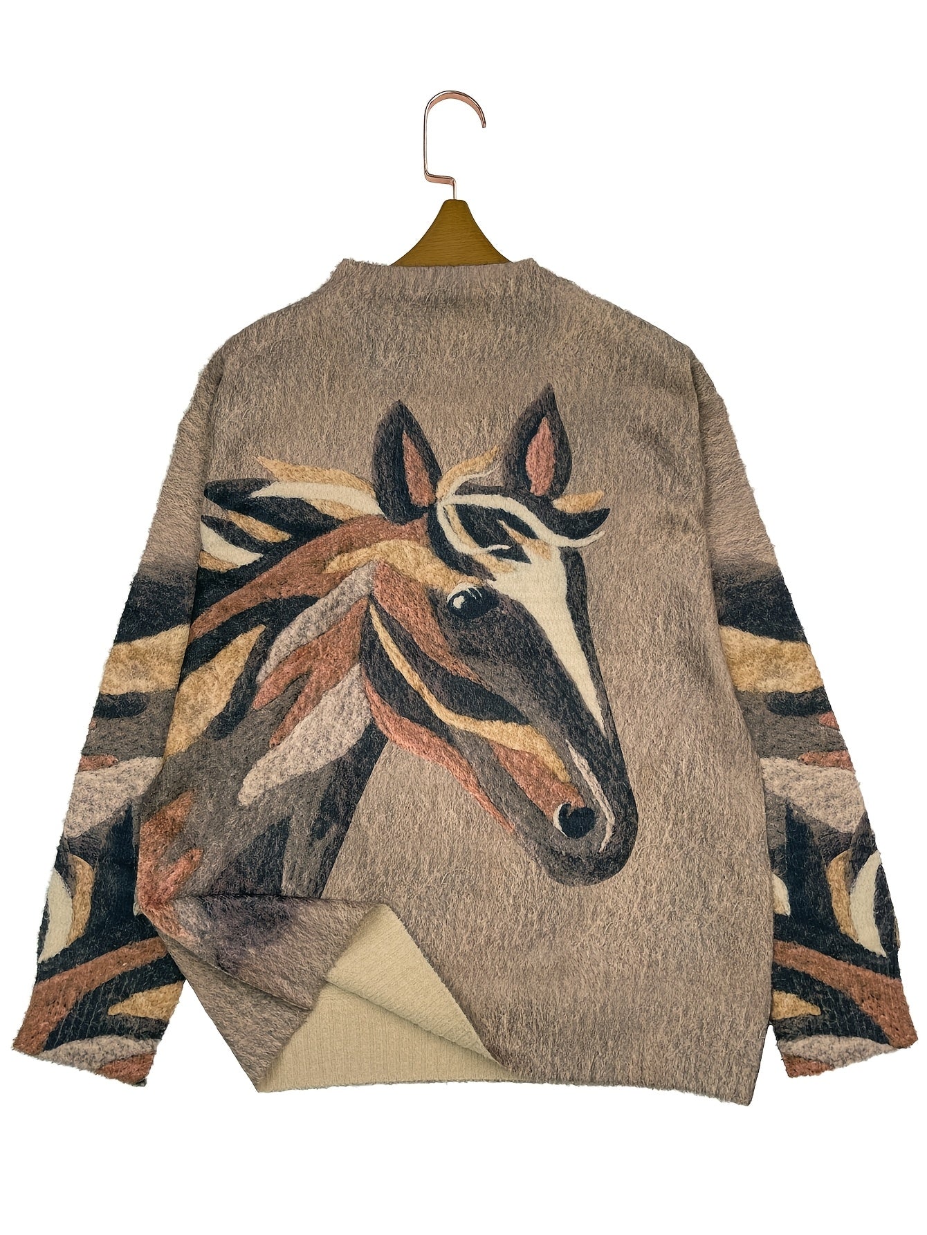 [All-Over Print] [Thick] [Sweater] All-Over Print Horse Pattern Thick, Casual Crew Neck Long Sleeve Sweater, Women's Clothing