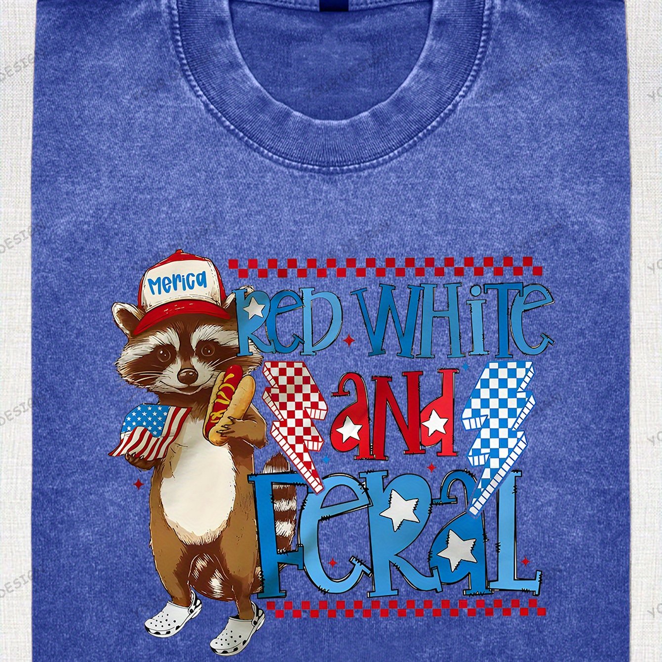 230G Washed Old Cotton T-Shirt, Fashionable 4Th of July, Wild Raccoon, American Flag Design, Independence Day, Dad'S Gift, Relaxed Street Style.