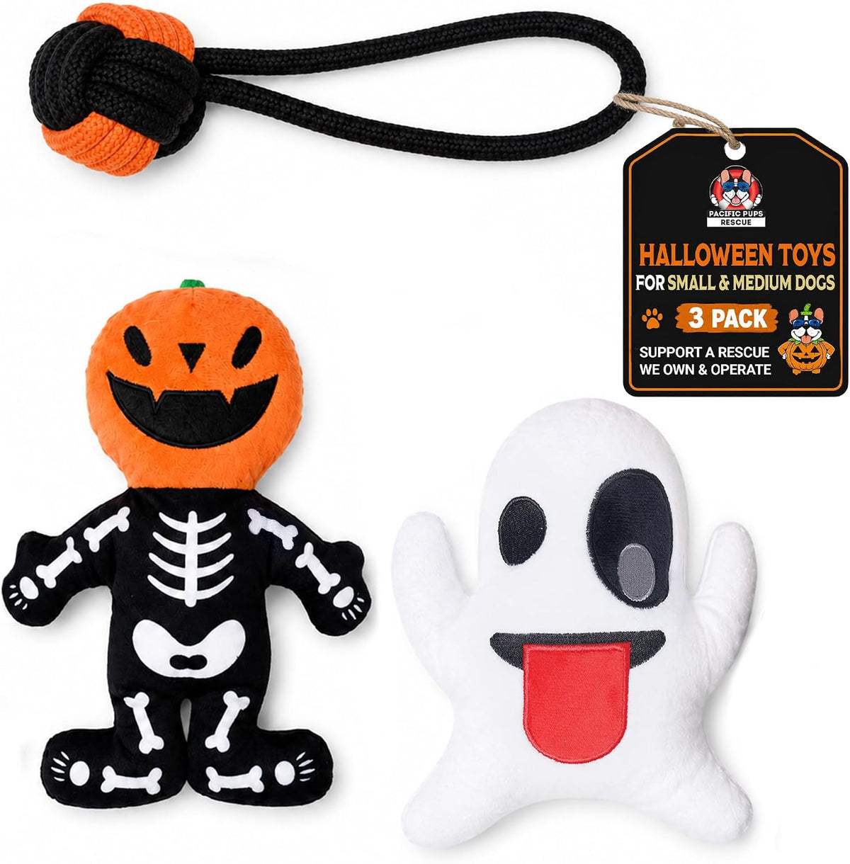 Halloween Dog Toys 8-Pack for Small Dogs — 8 Dog Rope Toys + Frisbee | Halloween Dog Toys Pack | Benefits Dog Rescue