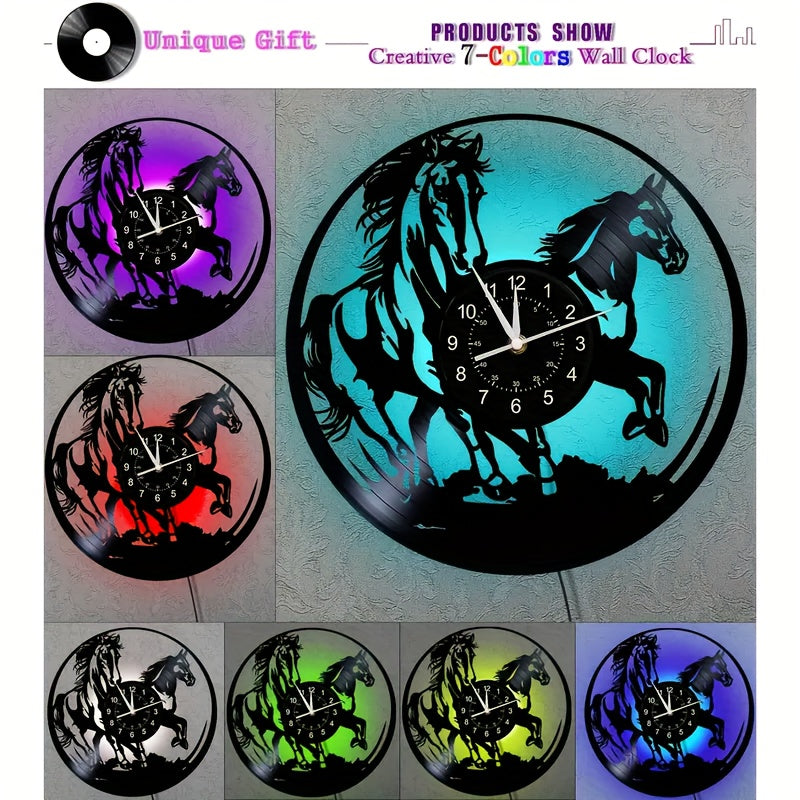 [Unique Vinyl LED Clock] Unique Luminous Vinyl LED Wall Clock | Handmade Running Horse Design Home Wall Art Decor for Living Room, Bedroom, Office, Garage, Kitchen | Original Gift for Birthday, Mothers Day, Spring Season, Gra