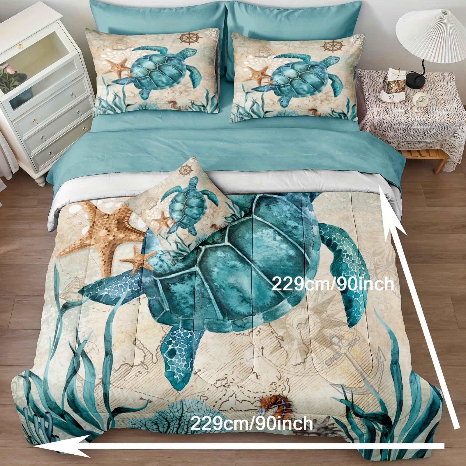 8 Pieces Blue Green Comforter Set Ocean Life Bed In A Bag Turtle Beach Bedding Set Hawaii Style Summer Lightweight Bedding Comforter Set 200g Microfiber Filling Soft Lightweight Comforter Set For All Seasons