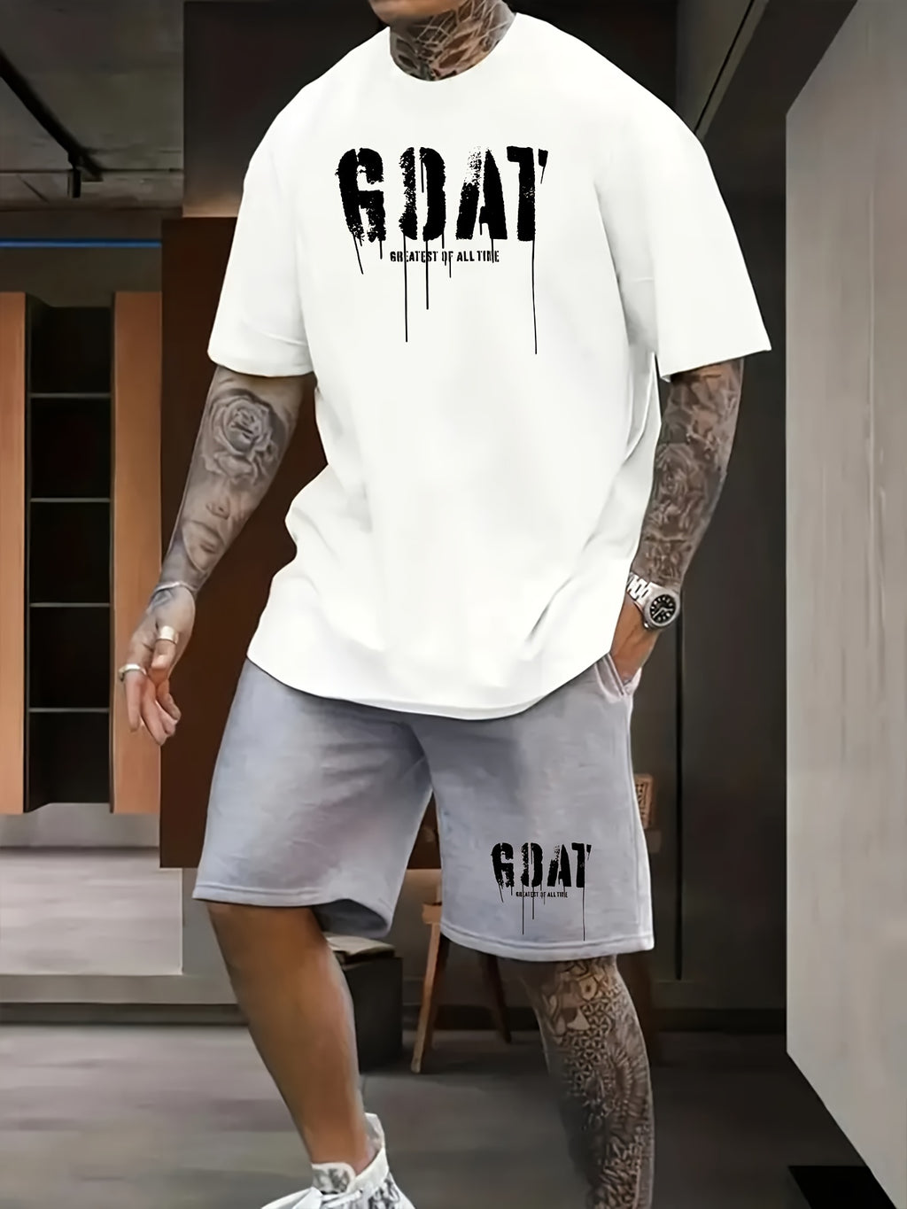 Mens Stylish Goat Print 2pcs Set - Casual Sportswear Outfit with Drawstring Shorts & Short Sleeve Top - Perfect for Spring Summer, Holidays, Leisure, Vacation, and Outdoor Fitness