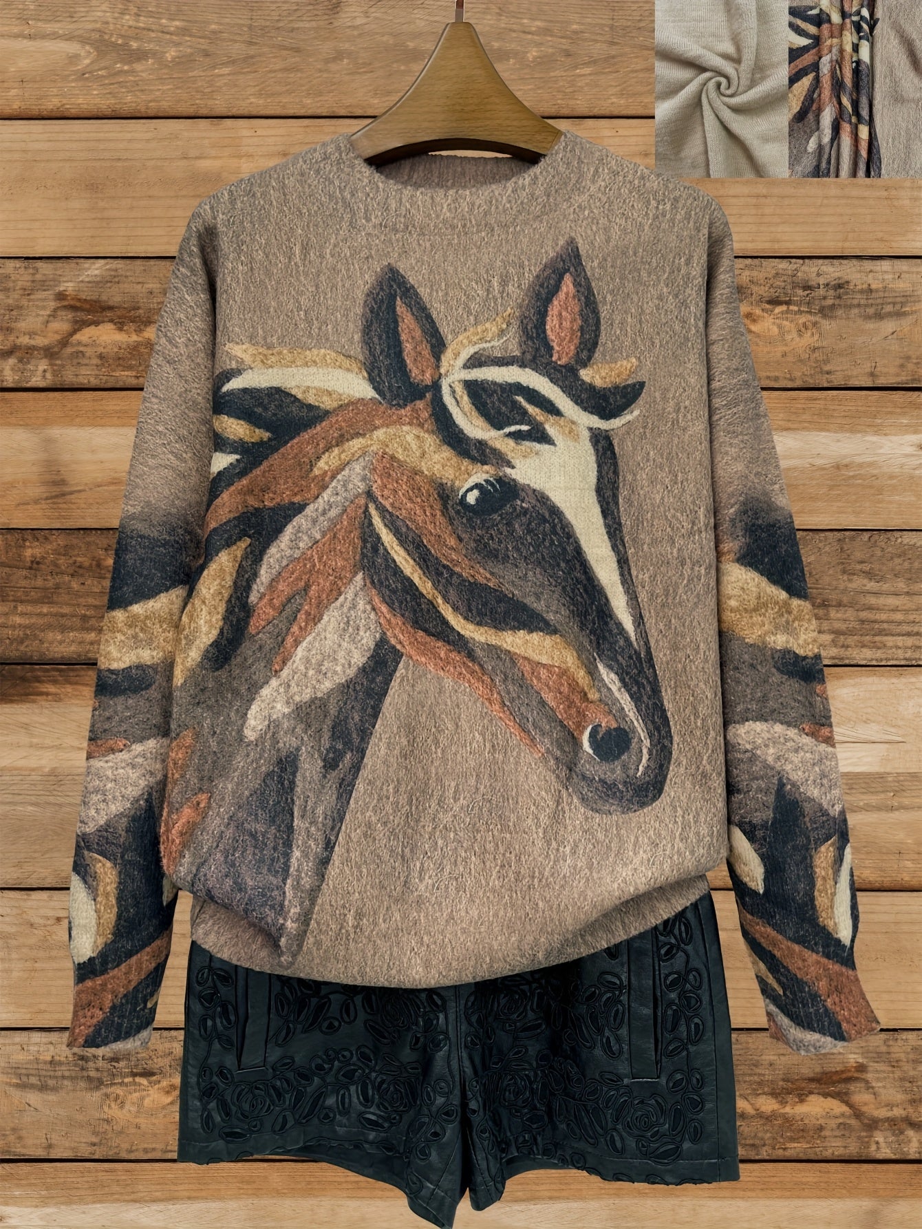 [All-Over Print] [Thick] [Sweater] All-Over Print Horse Pattern Thick, Casual Crew Neck Long Sleeve Sweater, Women's Clothing