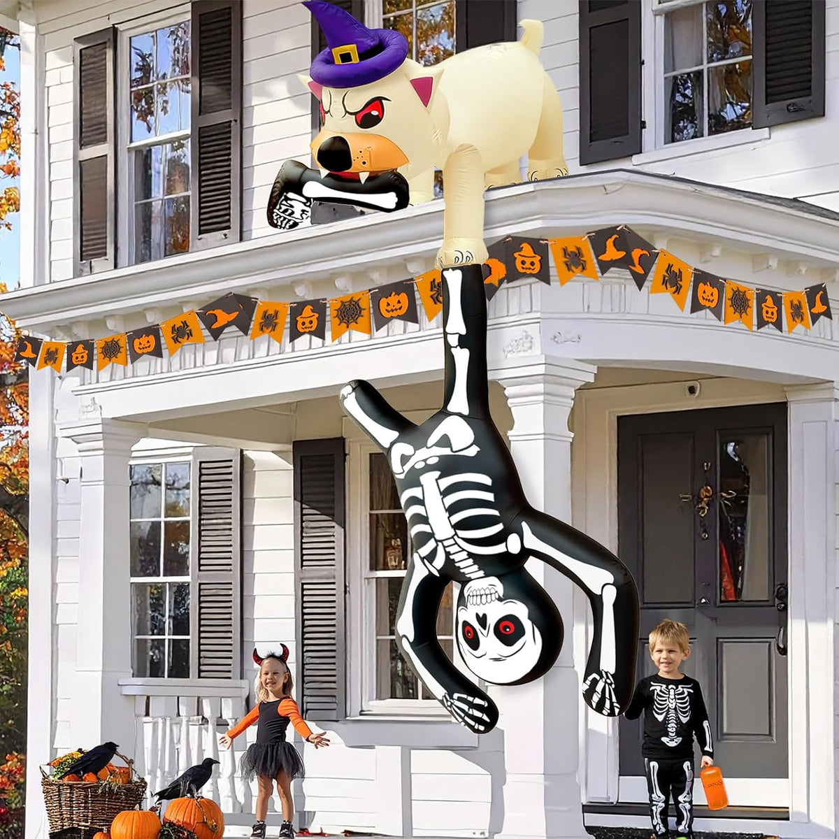 8FT LED Illuminated Halloween Inflatable Dog Pulling Skeleton Decor
