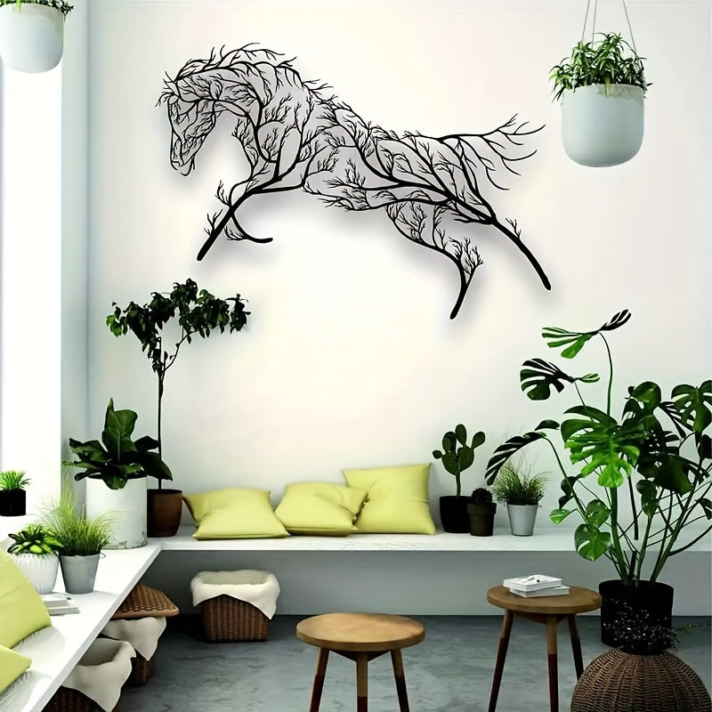 Vintage Metal Horse Silhouette Wall Art - Black Iron Branch Decor for Living Room, Bedroom, Study & Outdoor Spaces, Animal Craft, Wall Decoration
