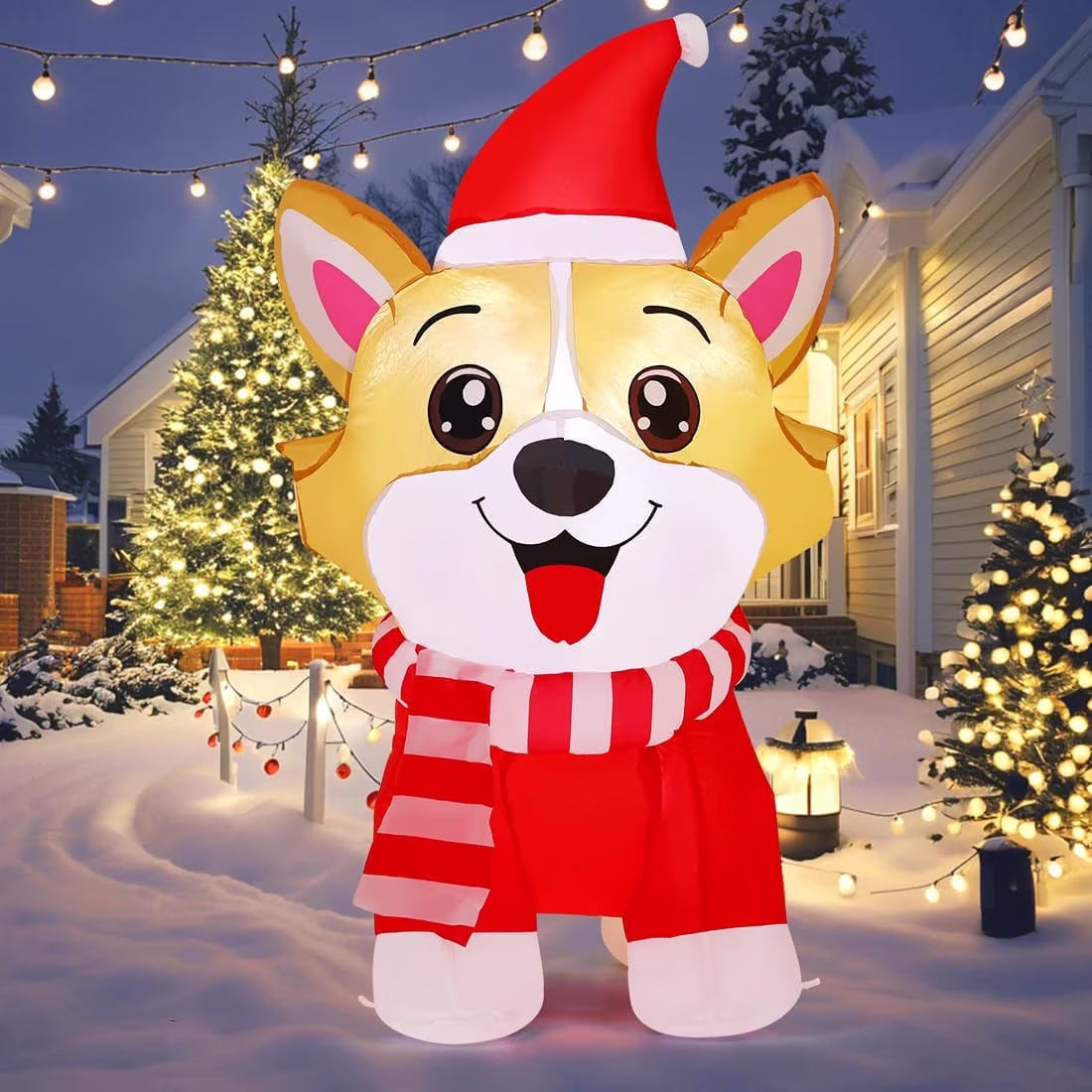 Christmas Inflatables 4.2 FT Inflatable Dog Wearing Hat with Built-in LED Lights, Cute Inflatable Christmas Dog Blow up Corgi Dog, Outdoor Christmas Decorations for Xmas Holiday Party