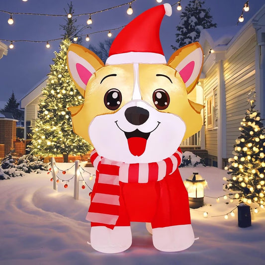 Christmas Inflatables 4.2 FT Inflatable Dog Wearing Hat with Built-in LED Lights, Cute Inflatable Christmas Dog Blow up Corgi Dog, Outdoor Christmas Decorations for Xmas Holiday Party