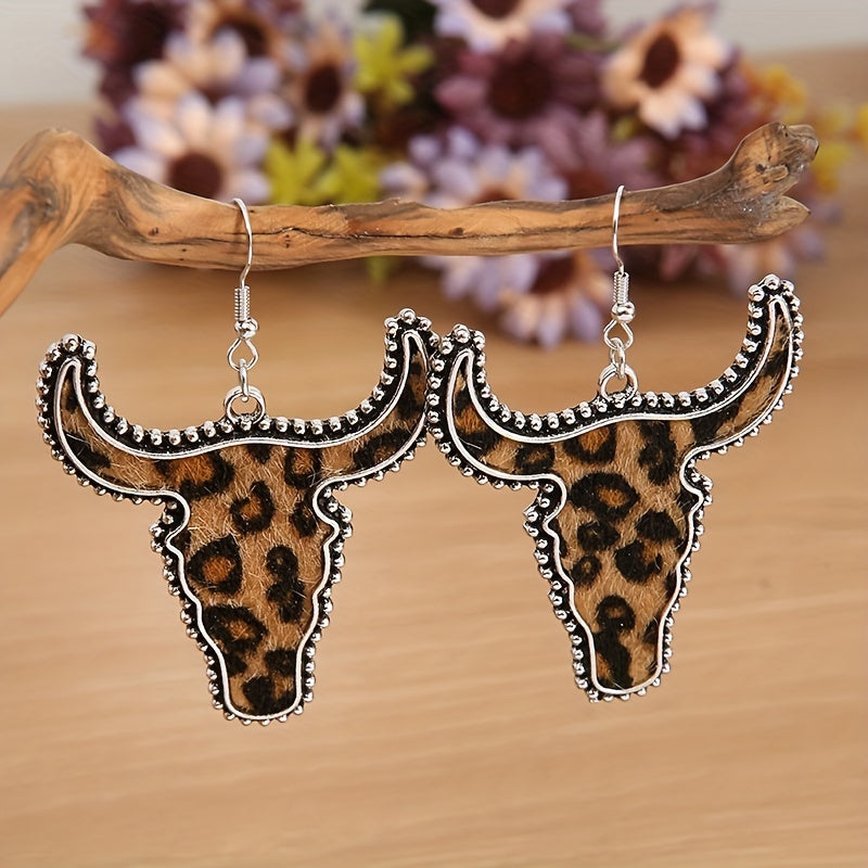 Flocking Cow/ Leopard Pattern Bull Head Design Dangle Earrings Retro Ethnic Style Western Holiday Earrings