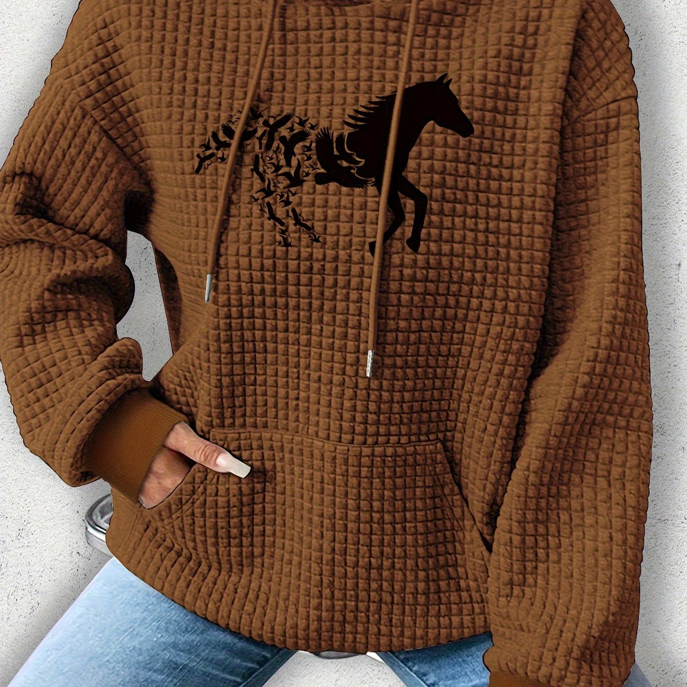 Vibrant Horse Print Waffle Hoodie - Soft, Cozy, and Casual Drawstring Kangaroo Pocket Sweatshirt for Women - Perfect for Fall and Spring Seasons