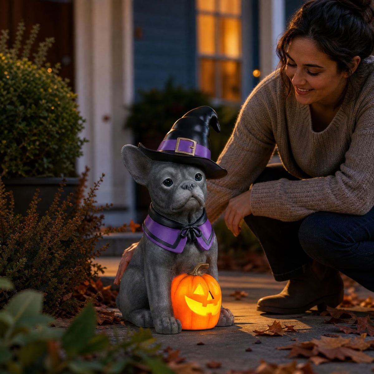 Witch Dog Halloween Decoration: Illuminated French Bulldog Pumpkin Statue for Outdoor and Garden Use, Ideal Halloween Gift