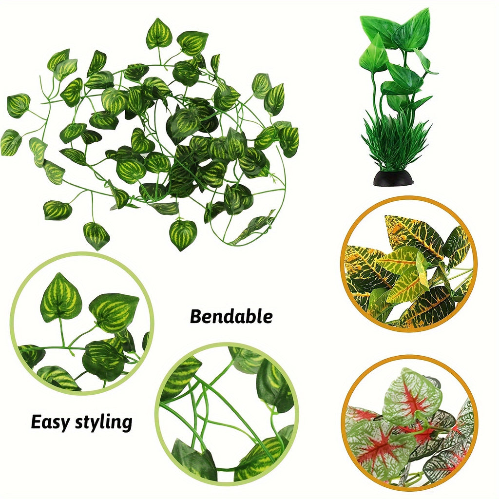 12pcs Fake Reptile Plants, Terrarium Hanging Artificial Leaves, Leopard Gecko Tank Accessories, Terrarium Decorations For Bearded Dragon Lizard Snake Geckos Chameleon