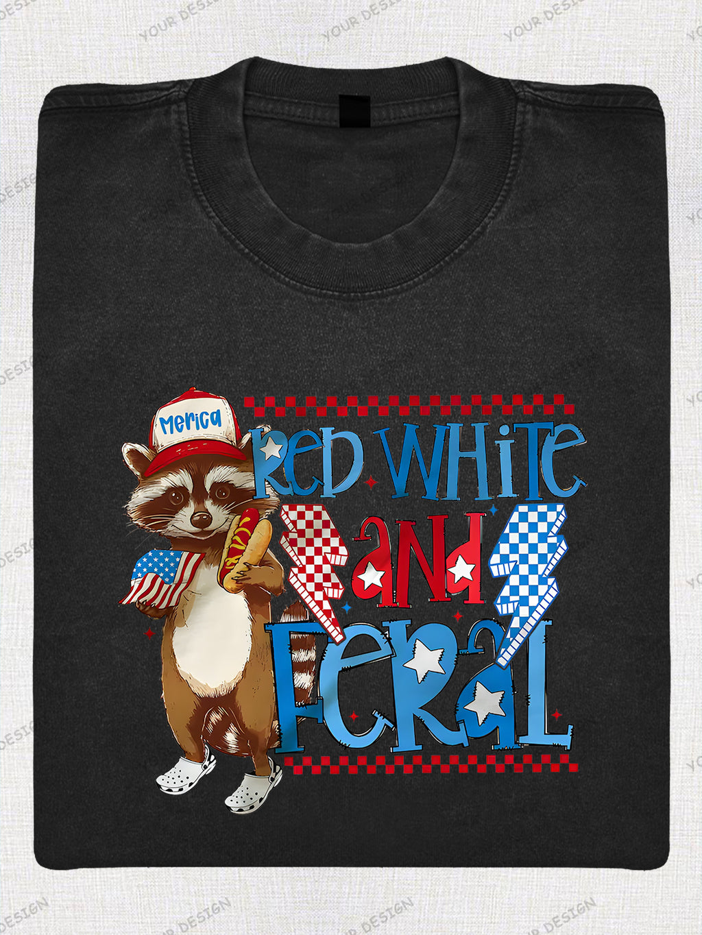 230G Washed Old Cotton T-Shirt, Fashionable 4Th of July, Wild Raccoon, American Flag Design, Independence Day, Dad'S Gift, Relaxed Street Style.