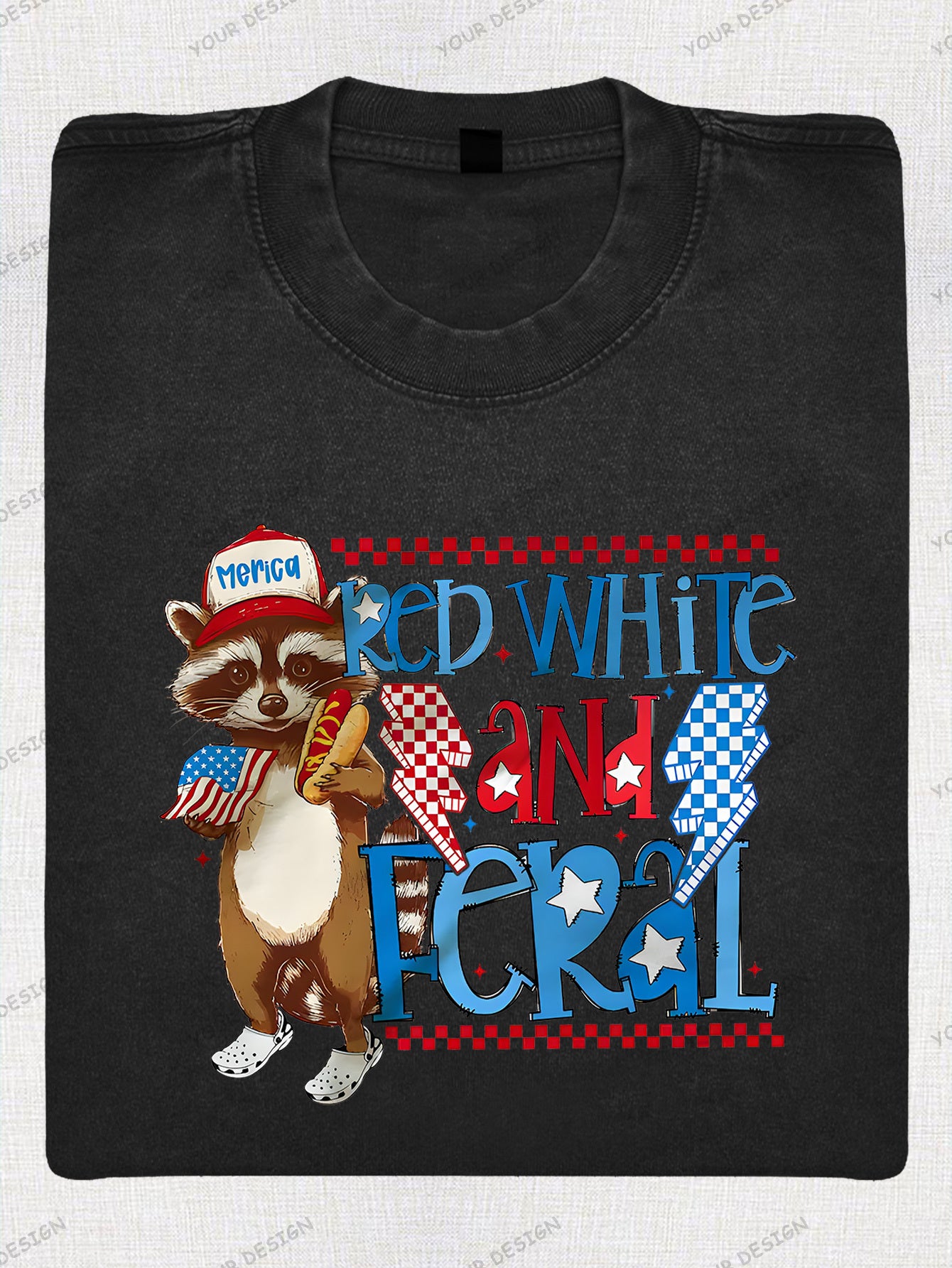 230G Washed Old Cotton T-Shirt, Fashionable 4Th of July, Wild Raccoon, American Flag Design, Independence Day, Dad'S Gift, Relaxed Street Style.