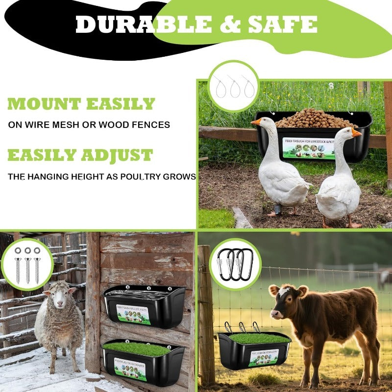 Set Of 1/2 Goat Feeders, Duck And Chicken Feeders And Drinkers, Hanging Fence Trough with Clips, Suitable for Goats, Sheep, Piglets, Geese, Turkeys, Dogs, And Poultry, Comes with A Feed Spoon, Black