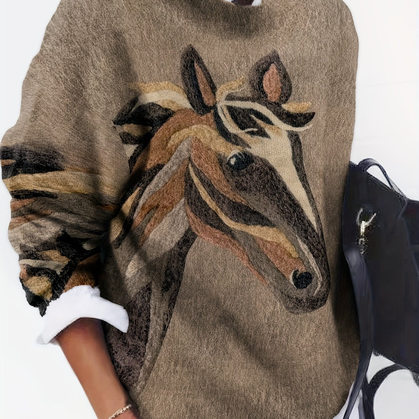 [All-Over Print] [Thick] [Sweater] All-Over Print Horse Pattern Thick, Casual Crew Neck Long Sleeve Sweater, Women's Clothing