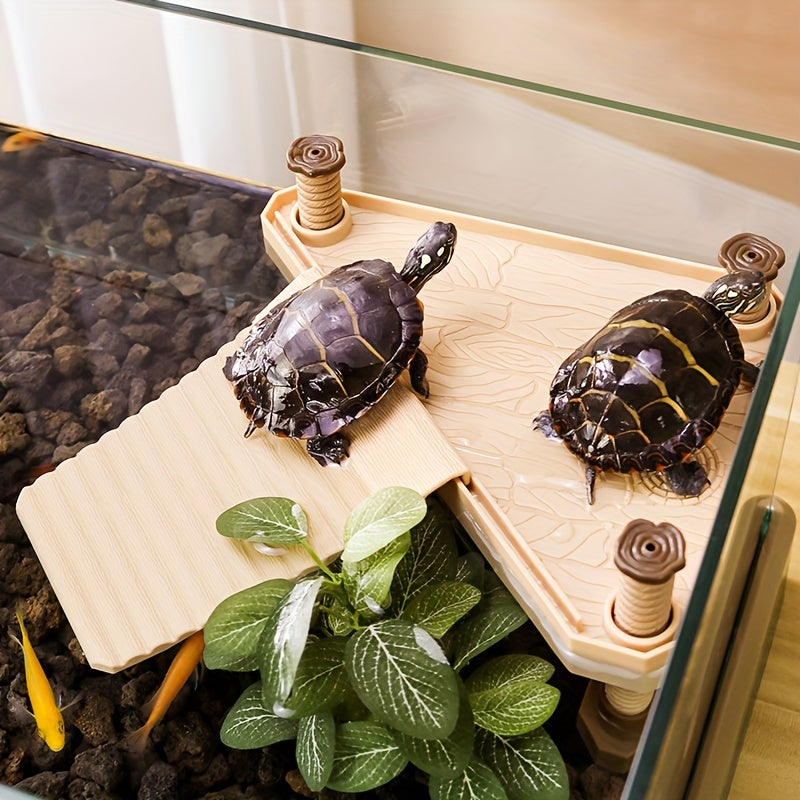Wood Grain Basking Platform for Turtles, Plastic Climbing Rest, Deep Water Floating Habitat, High Water Level Ecological Ladder, Large Turtle Tank Accessory