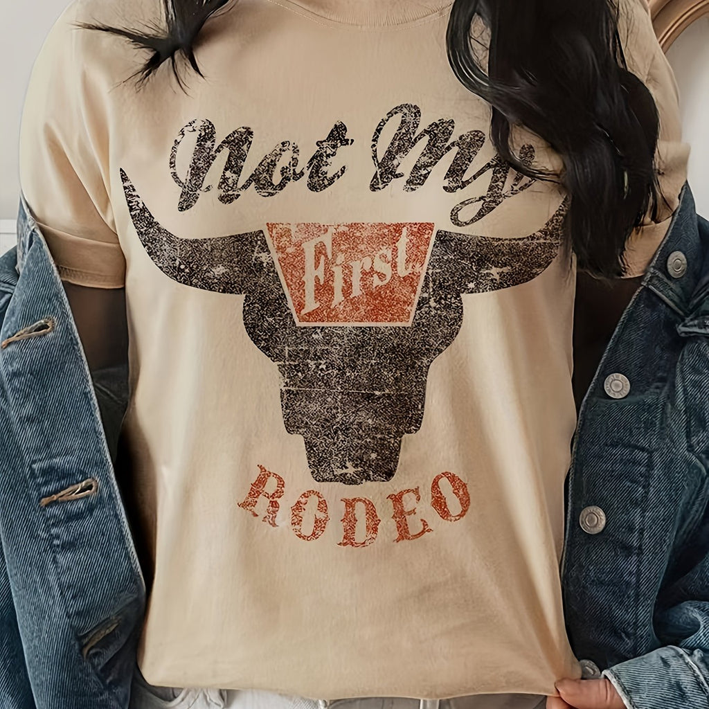 Rodeo Cow Head Print T-shirt, Casual Crew Neck Short Sleeve T-shirt, Women's Clothing