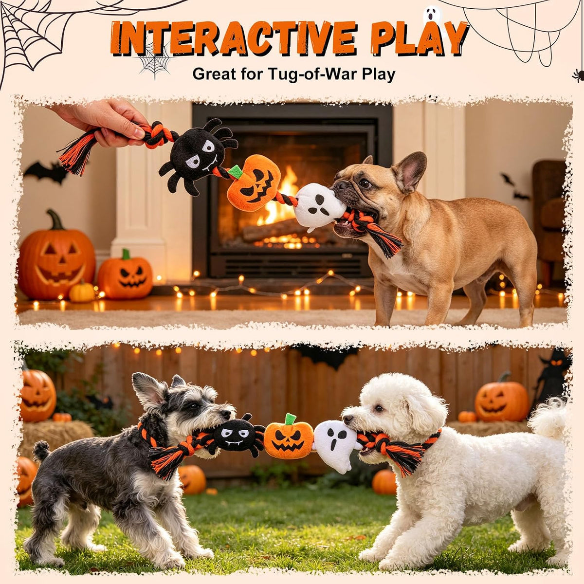 Halloween Squeaky Dog Toy for Small Dog to Keep Them Busy, Interactive Dog Rope Toy with 3 Squeakers, Funny Plush Stuffed Toys for Puppy Pet Tug of War Playing Training, Pumpkin+Spider+Ghost