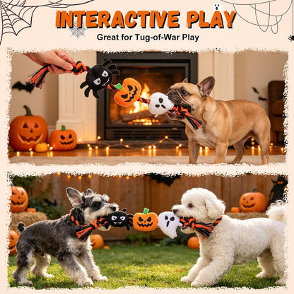 Halloween Squeaky Dog Toy for Small Dog to Keep Them Busy, Interactive Dog Rope Toy with 3 Squeakers, Funny Plush Stuffed Toys for Puppy Pet Tug of War Playing Training, Pumpkin+Spider+Ghost