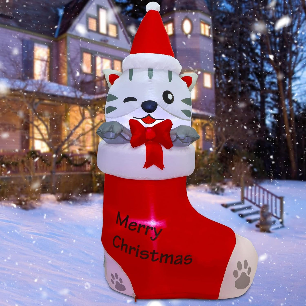 5 FT Inflatable Christmas Decoration - Lighted Kitten in Christmas Stocking for Outdoor Lawn and Garden Decor