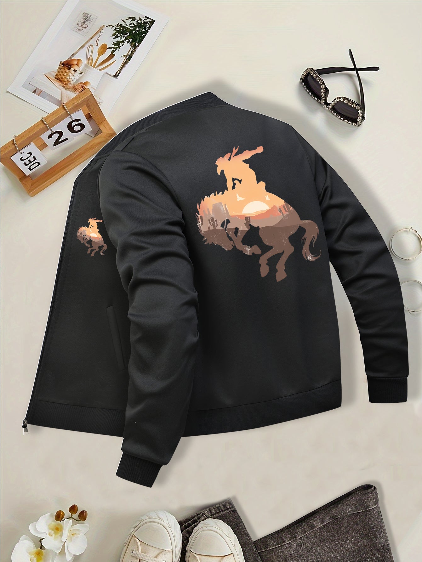 Women's Western Cowboy Print Casual Jacket - Black Zip-Up Long Sleeve with Stand Collar, Horse Graphic Design, Perfect for Fall and Winter Outfits, Casual Wear Jacket | Graphic Print Jacket | Polyester Fabric