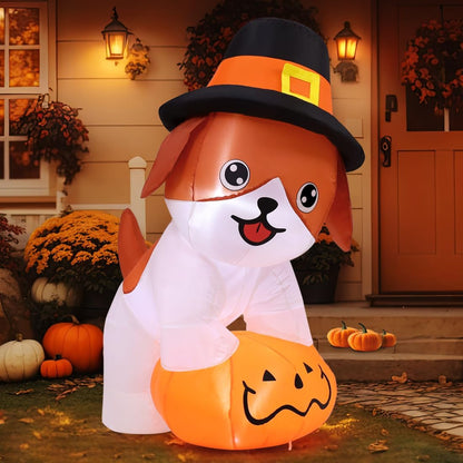 5.2 FT Thanksgiving Inflatables Dog Outdoor Decorations Blow Up Yard Cute Puppy Standing on a Pumpkin with Pilgrim Hat with Built-in LEDs for Garden Lawn Indoor Party Decor