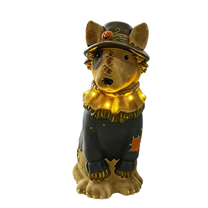 Halloween Illuminated Dog Figurine - 7.9in Scarecrow Dog Statue with Glowing Pumpkin, Waterproof Resin Table and Yard Decor