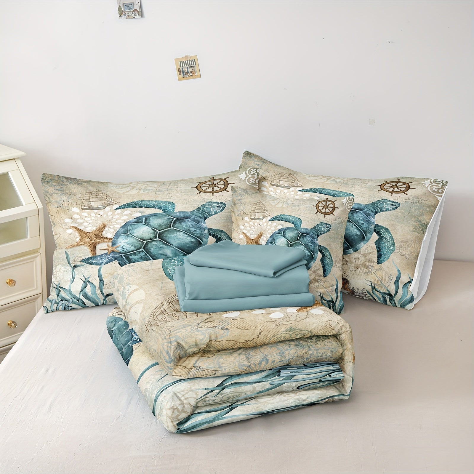 8 Pieces Blue Green Comforter Set Ocean Life Bed In A Bag Turtle Beach Bedding Set Hawaii Style Summer Lightweight Bedding Comforter Set 200g Microfiber Filling Soft Lightweight Comforter Set For All Seasons