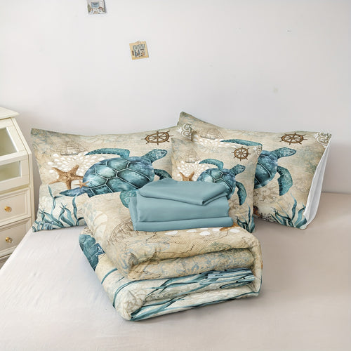 8 Pieces Blue Green Comforter Set Ocean Life Bed In A Bag Turtle Beach Bedding Set Hawaii Style Summer Lightweight Bedding Comforter Set 200g Microfiber Filling Soft Lightweight Comforter Set For All Seasons
