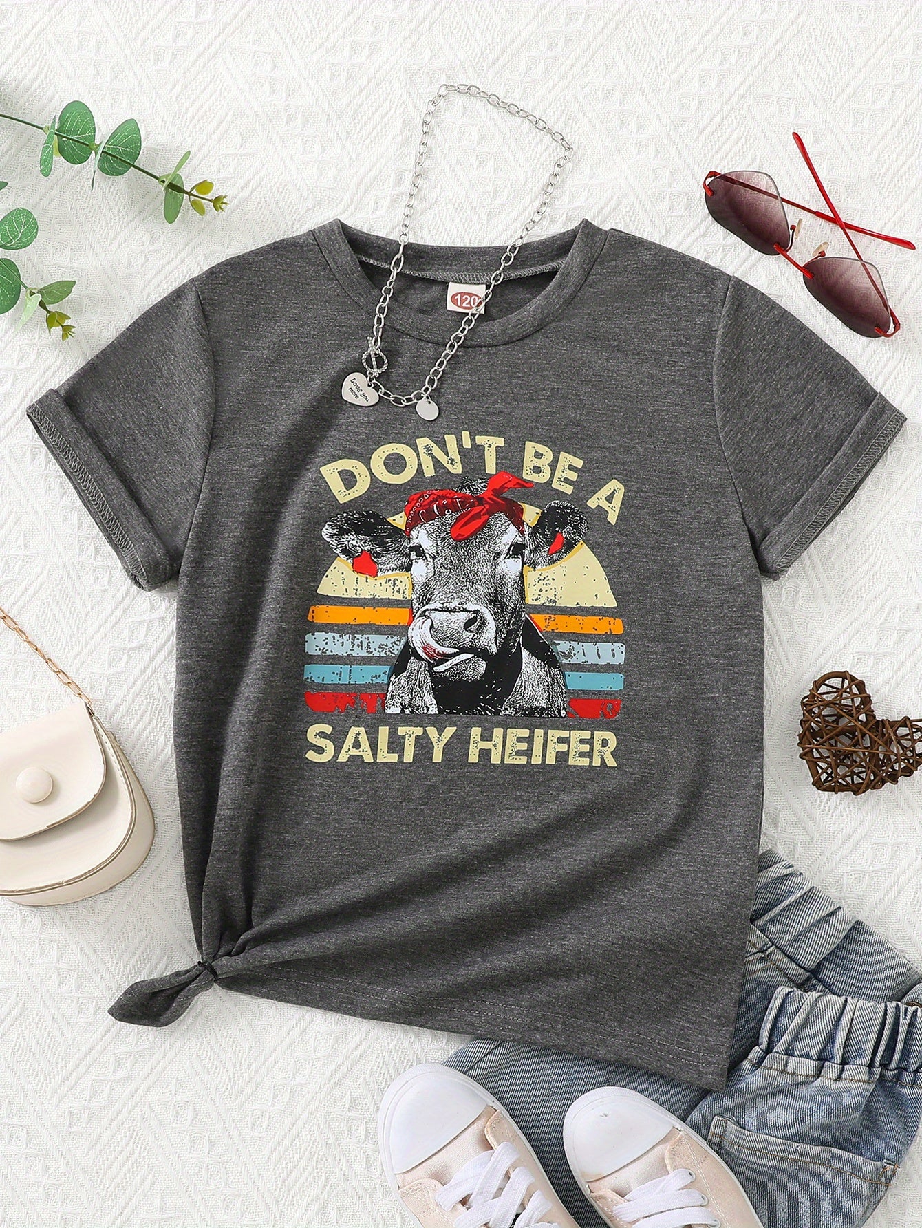 Girls Letter And Cow Head Graphic T-Shirt Casual Round Neck Tees Top Teen Kids Summer Clothes