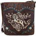 Western Horse Embroidery Faux Leather Crossbody Bag, Cowgirl Style Shoulder Handbag, with Floral Design and Rhinestone Accents, Polyester Lined, with Zipper Closure for Women
