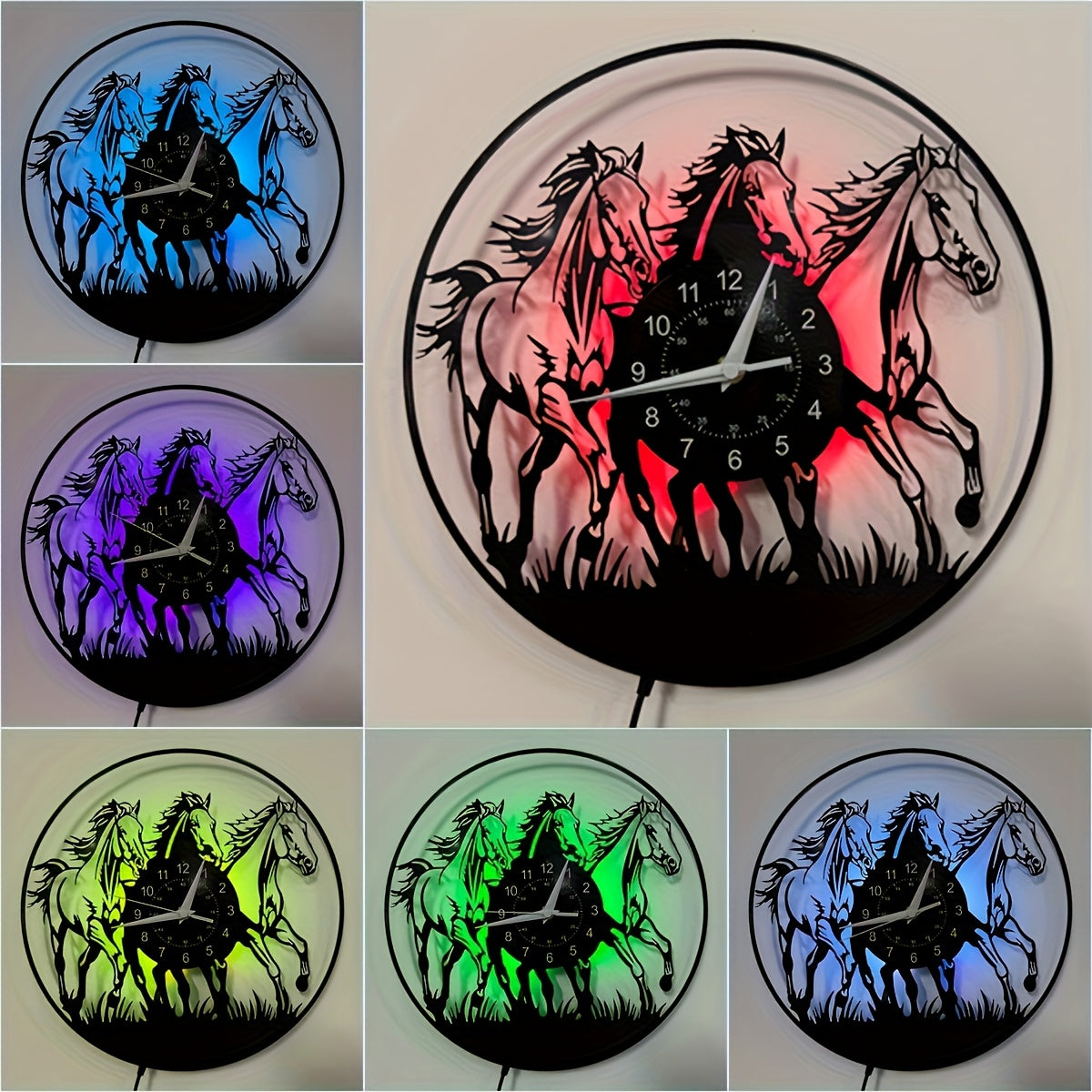 [Unique Vinyl LED Clock] Unique Luminous Vinyl LED Wall Clock | Handmade Running Horse Design Home Wall Art Decor for Living Room, Bedroom, Office, Garage, Kitchen | Original Gift for Birthday, Mothers Day, Spring Season, Gra