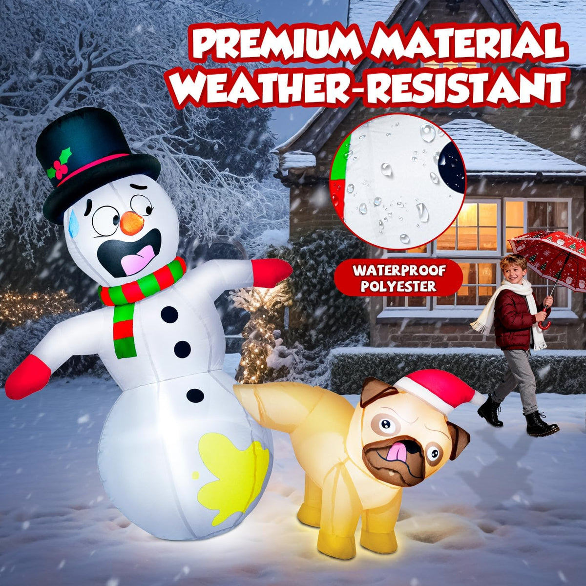 5FT Christmas Inflatable Pug Dog Peeing on Snowman with Built-in LED Lights - Outdoor Holiday Yard Decoration for Christmas and New Year Celebrations