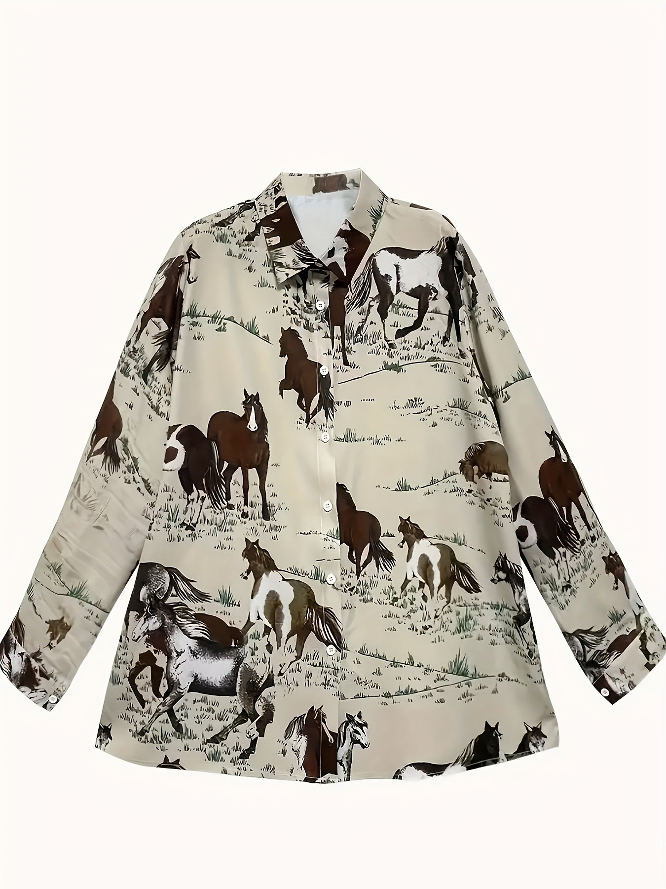 Vibrant Horse Print Long Sleeve Lapel Collar Shirt for Women - Button Front, Casual Polyester Shirt with Random Animal Pattern - Perfect for All Seasons