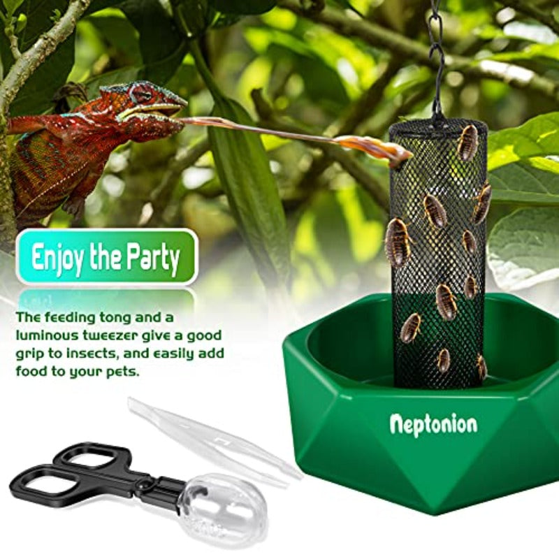 Professional Reptile Feeding Bowl with Hanging Chain & Worm Organizer Column - Heavy-Duty -Escape Bearded Dragon/Iguana/Gecko/Lizard/Toad/Frog Dish, Sturdy Base & Feeding Tongs/Luminous Tweezers Included ( Cage Compatible)