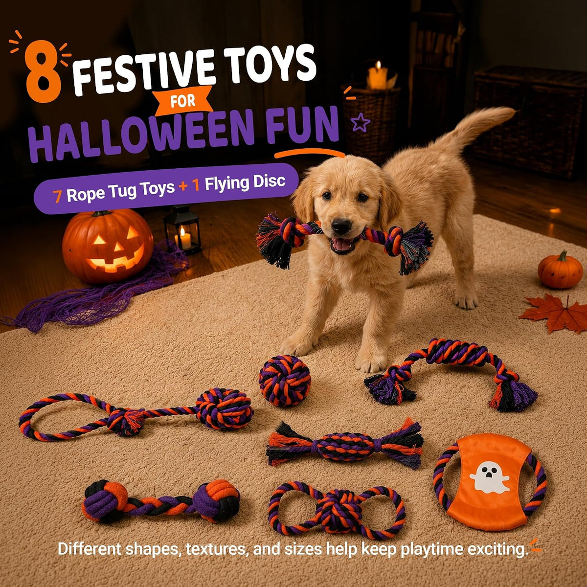 Halloween Dog Toys 8-Pack for Small Dogs — 8 Dog Rope Toys + Frisbee | Halloween Dog Toys Pack | Benefits Dog Rescue